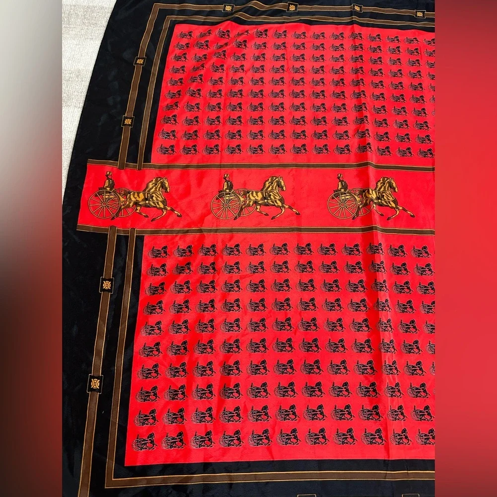 Vintage Hermes Paris Silk Horse and Carriage Scarf Red and Black